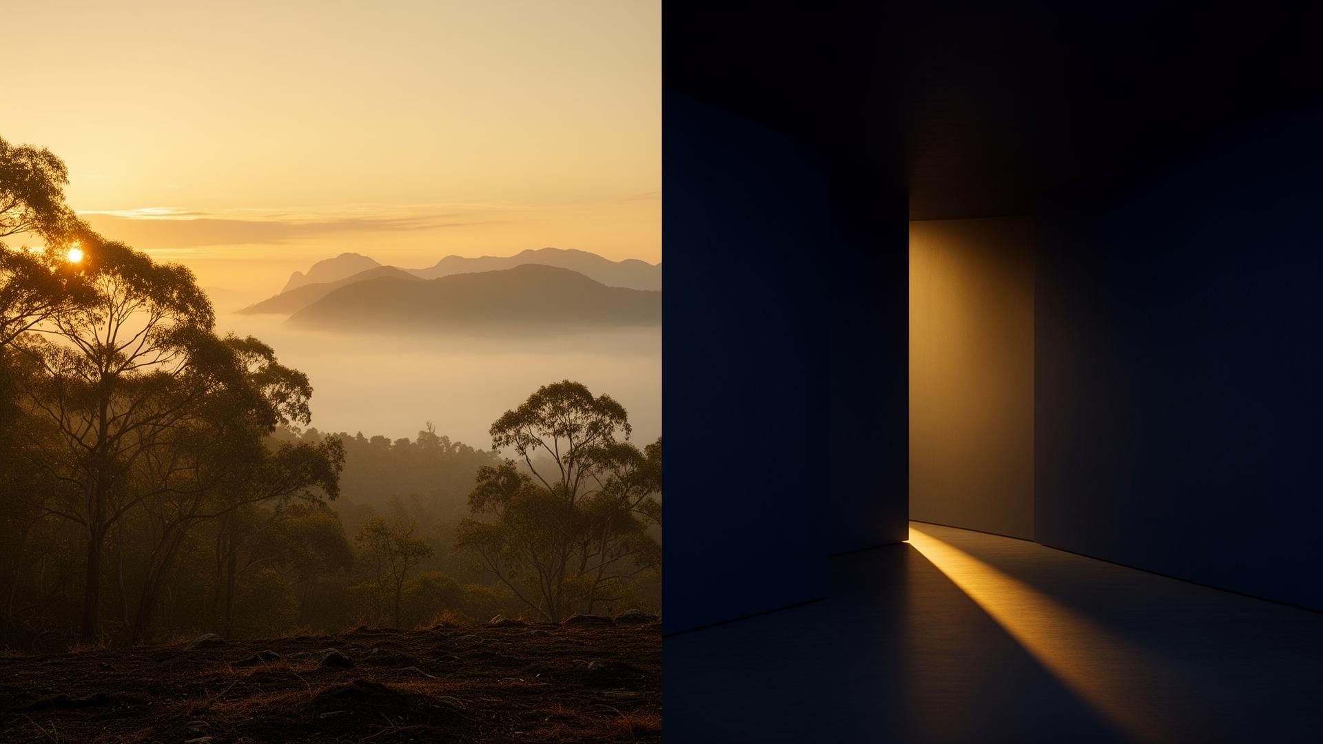 A split image of a misty sunrise meeting a dark minimalist room