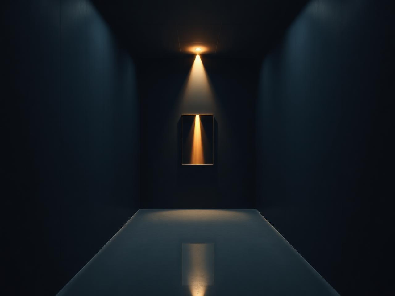 Spare, dim interview room with a single chair facing a tall mirror