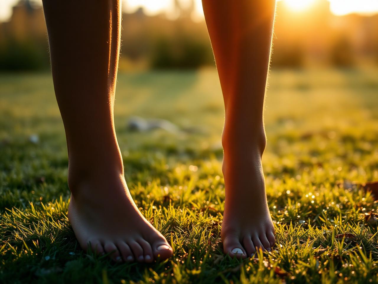 Bare feet grounded on dewy grass at sunrise